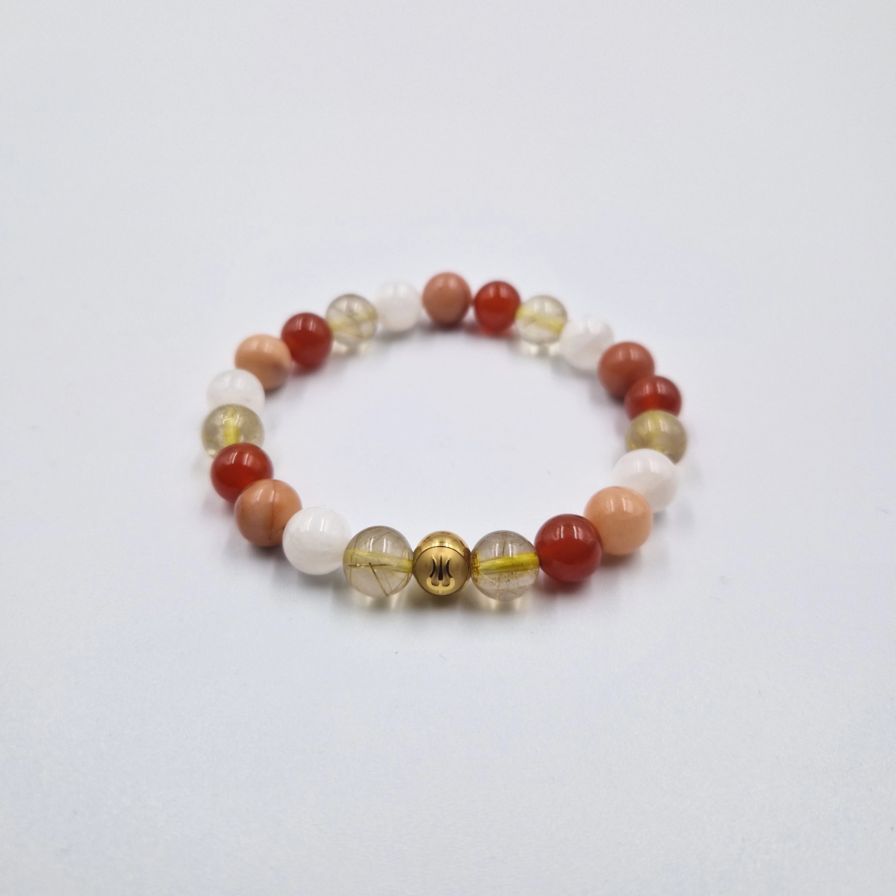 Bracelet CHAKRA SACRE en Cornaline, Bois fossilisé, Quartz rutile doré et Pierre de lune blanche