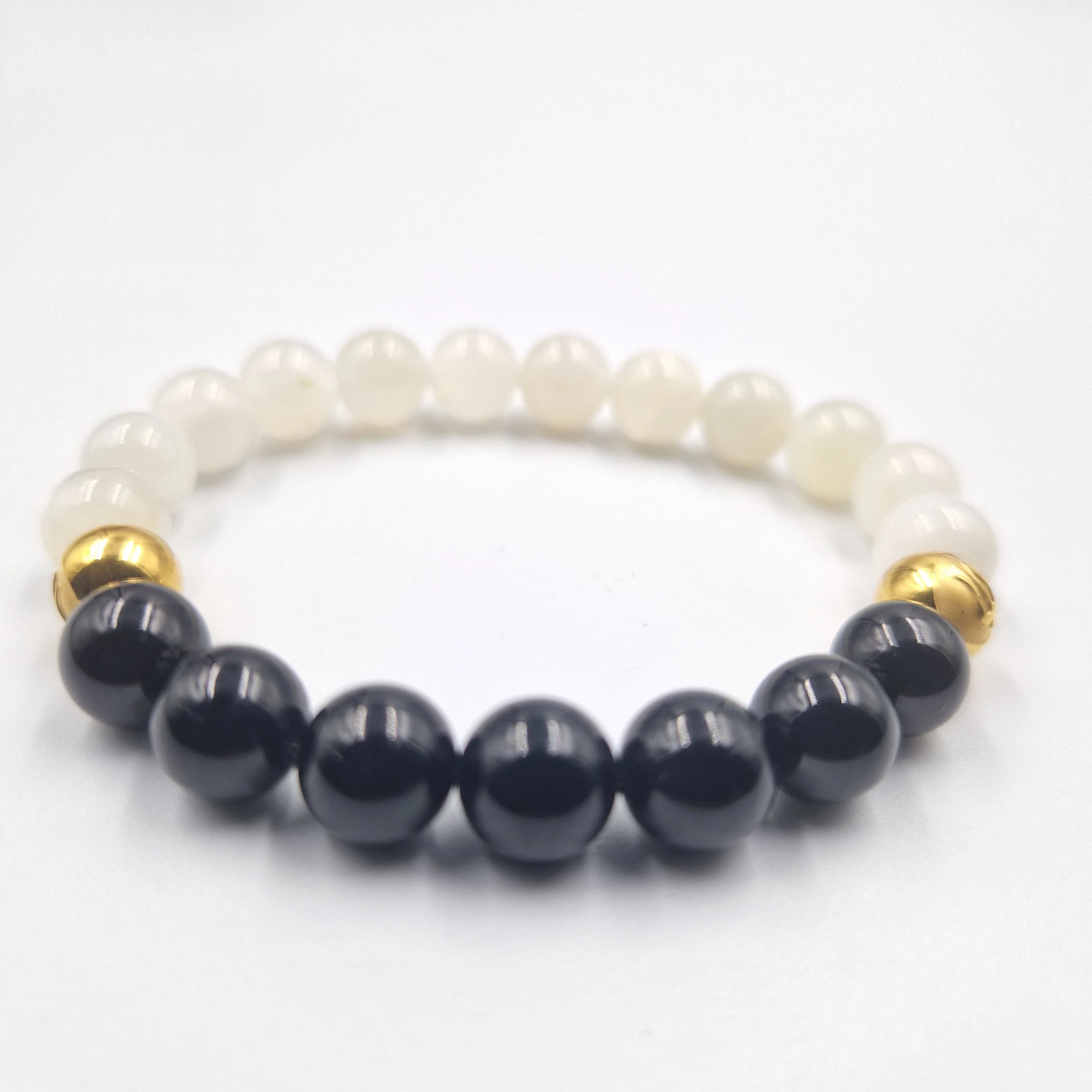 Bracelet en Pierre de lune blanche et Tourmaline noire