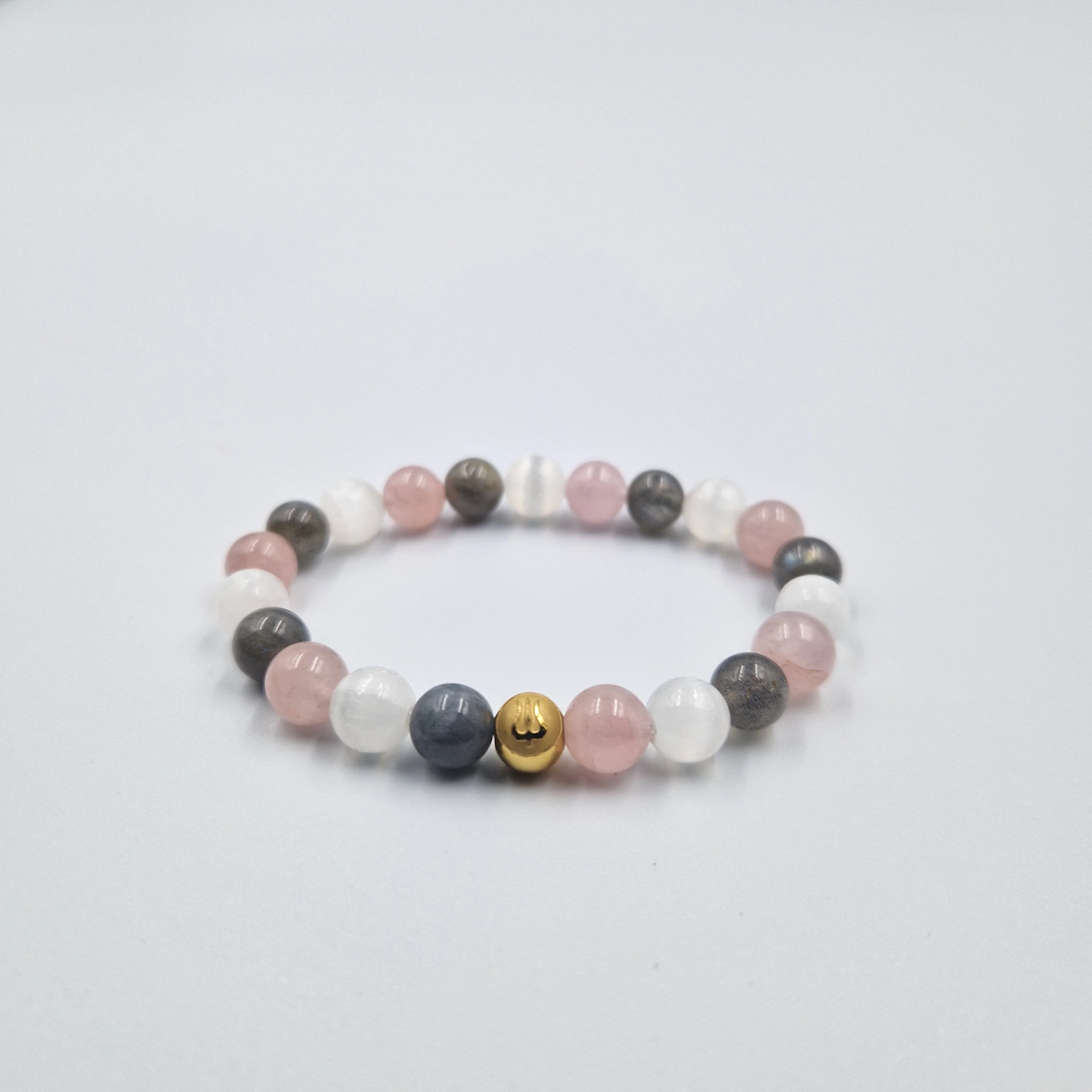 Bracelet FLAMMES JUMELLES en Labradorite, Sélénite et Quartz rose