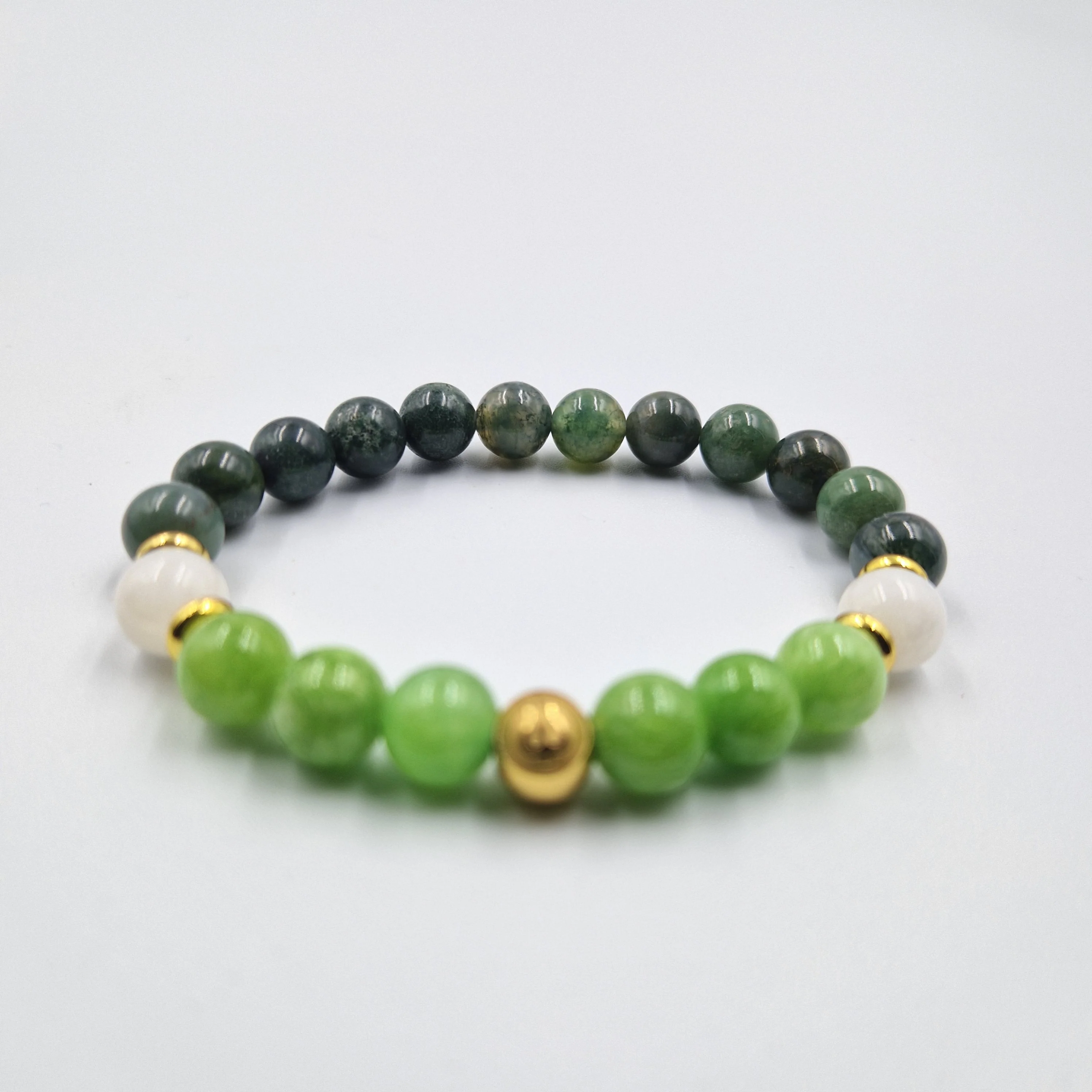 Bracelet Gémeaux Année 2024 en Jade vert, Agate mousse et Pierre de lune blanche - Image 3