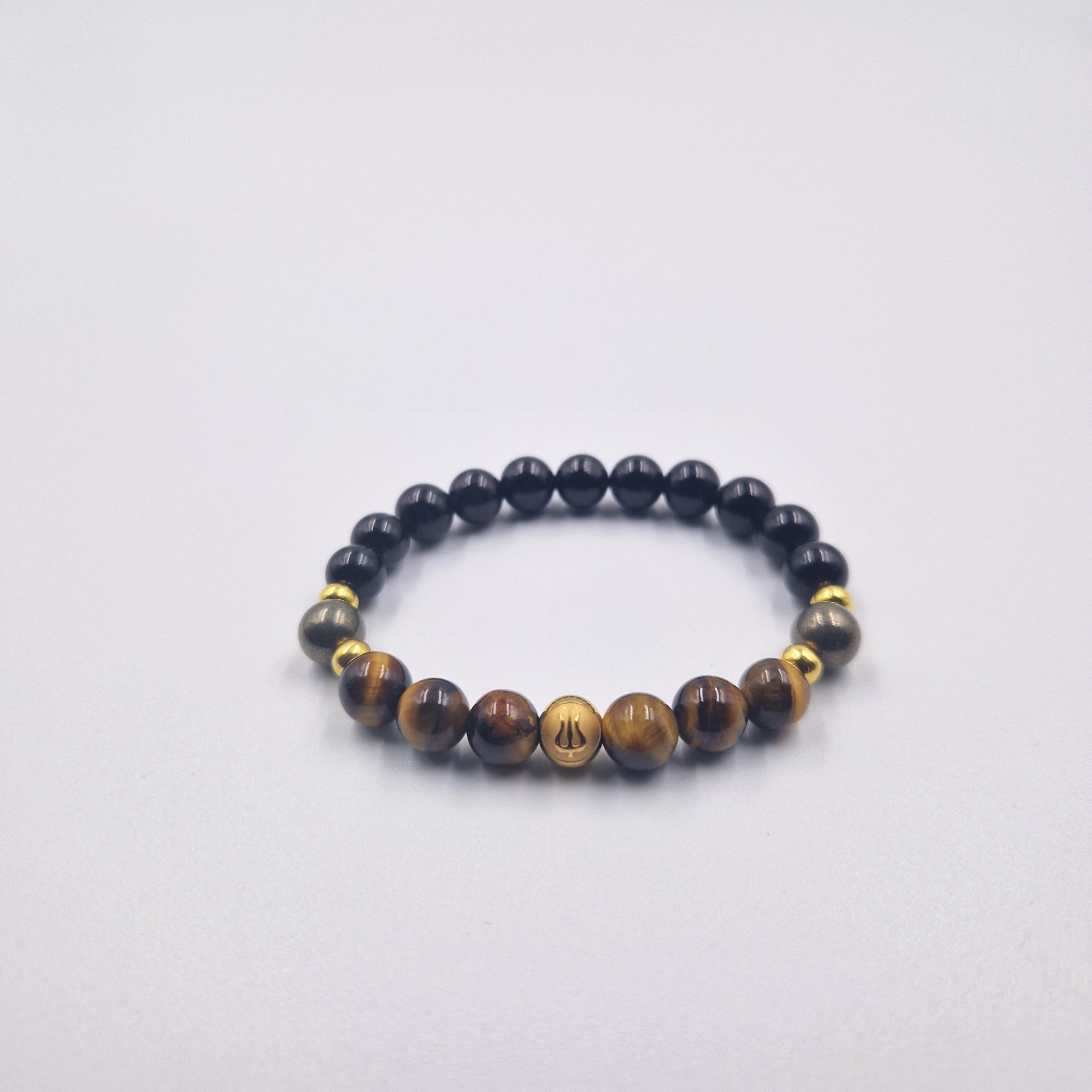 Bracelet Taureau en Onyx noir, Oeil de tigre et Pyrite