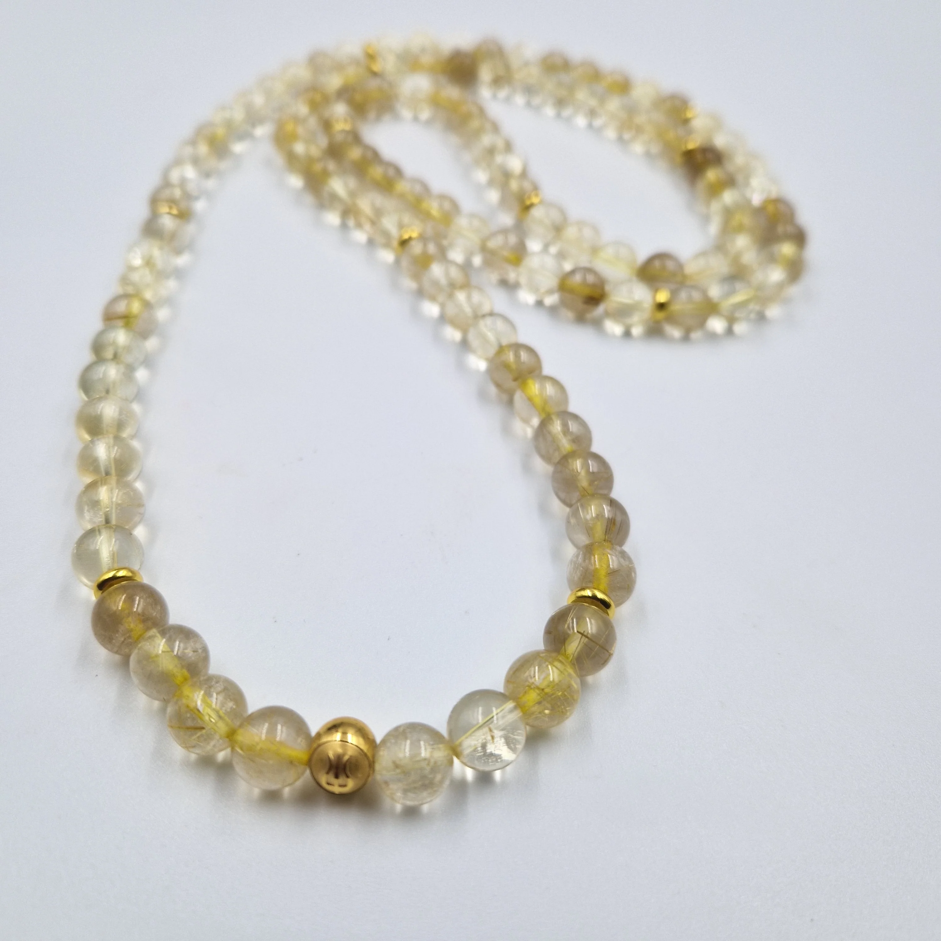 Collier mala en Quartz rutile doré- 108 perles 8mm